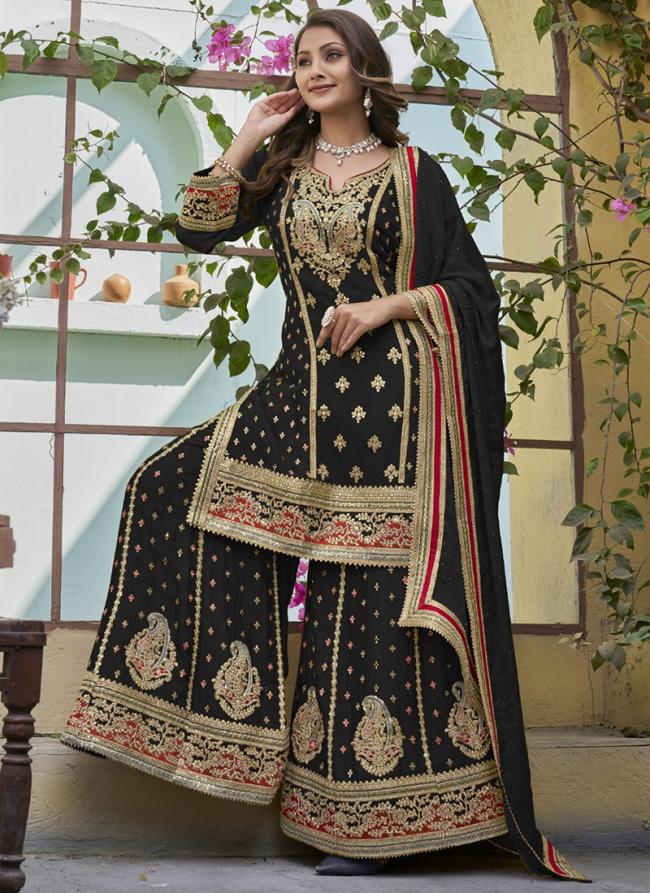 Pure Chinnon Black Eid Wear Embroidery Work Readymade Sharara Suit
